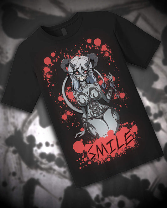 Thicc Tattooed Demon Waifu Broken Chains Succubus "Smile" Black Short Sleeve Heavy Cotton Shirt