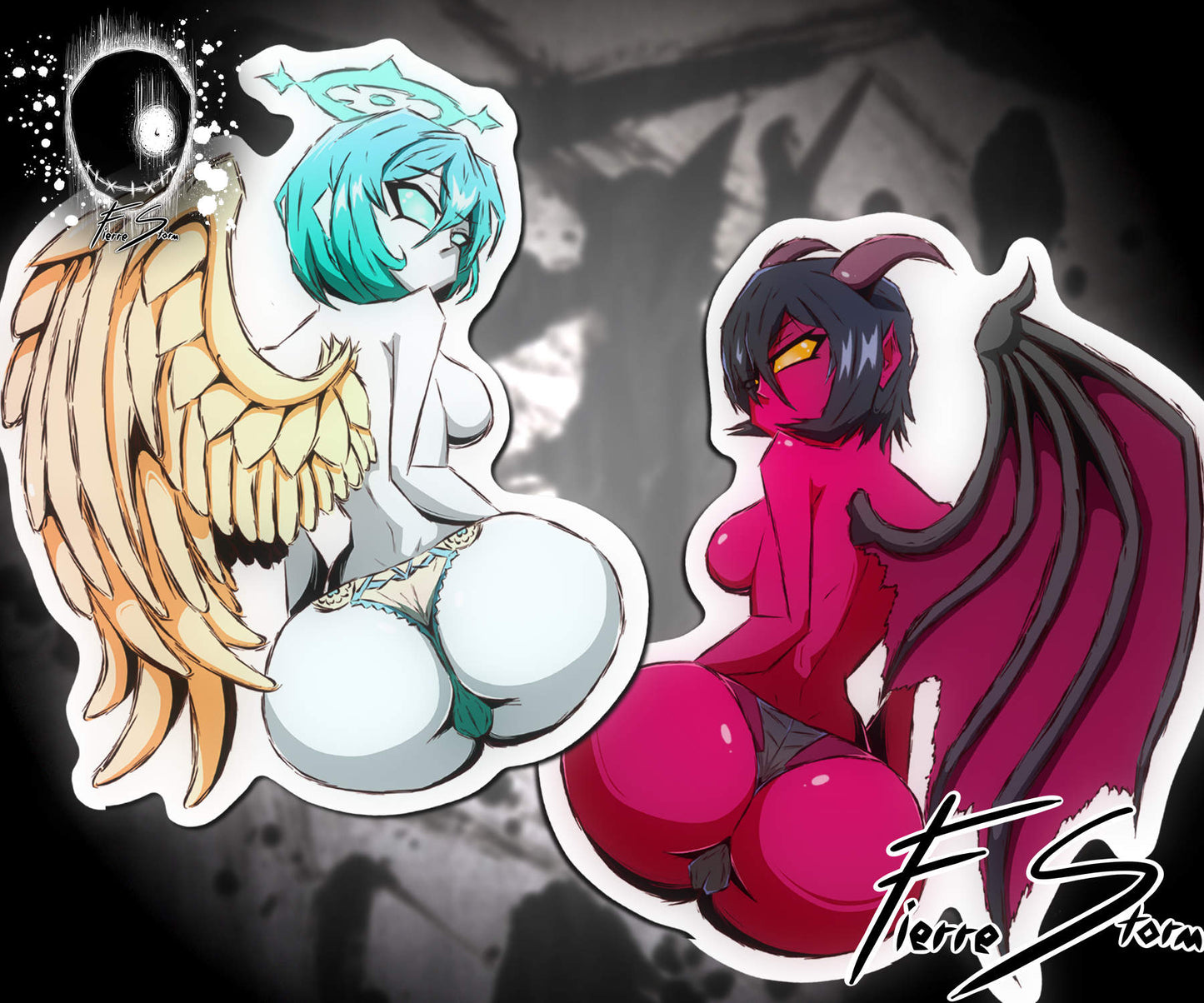 Thicc Sexy Waifus Angel and Devil Stickers (3.5" x 4") (4" x 6.8")